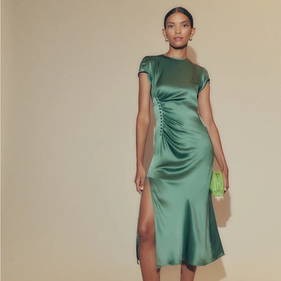 Reformation Tatianna Silk Button Slit Midi Short Sleeve Dress Bottle Green - Picture 1 of 10